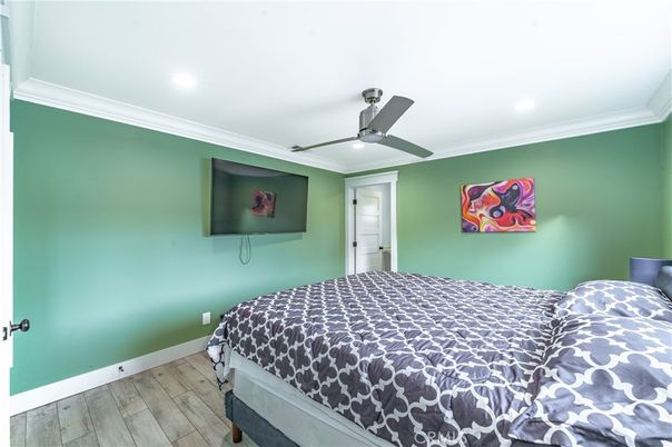 Bedroom, Interior, Recessed Lighting, Wood Texture Flooring