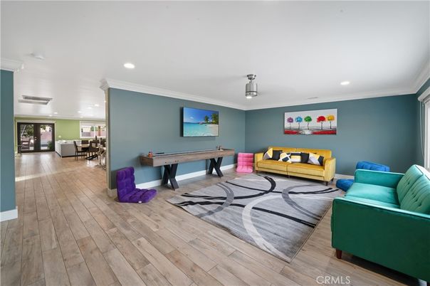 Billiard Table, Dining room, Game Room, Interior, Living room, Recessed Lighting, Wood Texture Flooring
