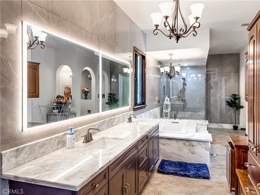 Bathroom, Chandelier, Dual Sink Vanities, Glass Shower, Interior, Marble