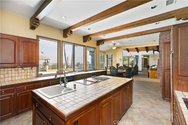 Dining room, Interior, Kitchen, Recessed Lighting, Tile Countertops, Wooden Beams