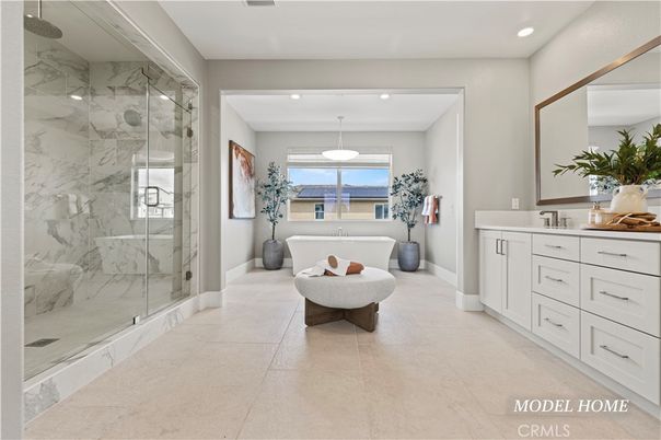 Bathroom, Free Standing Baths, Glass Shower, Interior, Marble Walls, Pendant Lights, Recessed Lighting