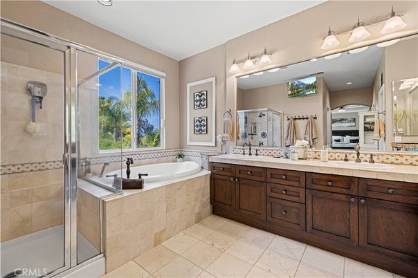 Bathroom, Dual Sink Vanities, Glass Shower, Interior, Recessed Lighting, Tile Countertops