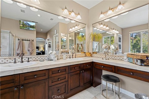 Bathroom, Dual Sink Vanities, Interior, Recessed Lighting, Tile Countertops
