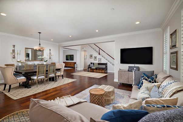Dining room, Interior, Living room, Pendant Lights, Recessed Lighting, Wood Texture Flooring