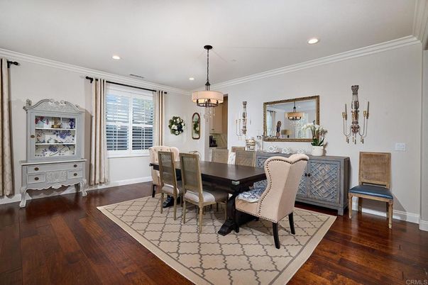 Dining room, Interior, Pendant Lights, Recessed Lighting, Wood Texture Flooring