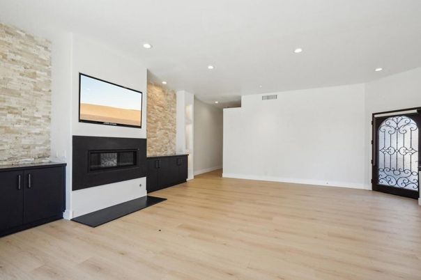 Empty room, Fireplace, Interior, Recessed Lighting, Wood Texture Flooring