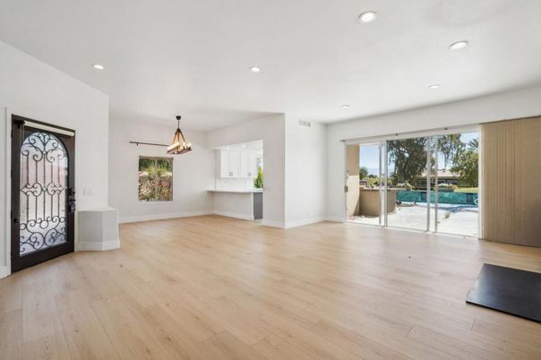 Empty room, Interior, Pendant Lights, Recessed Lighting, Wood Texture Flooring
