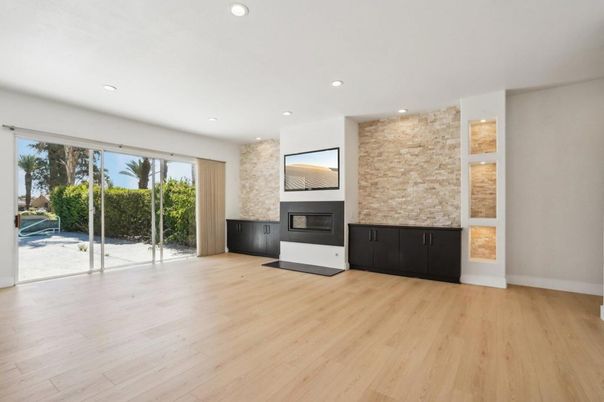 Empty room, Fireplace, Interior, Recessed Lighting, Wood Texture Flooring