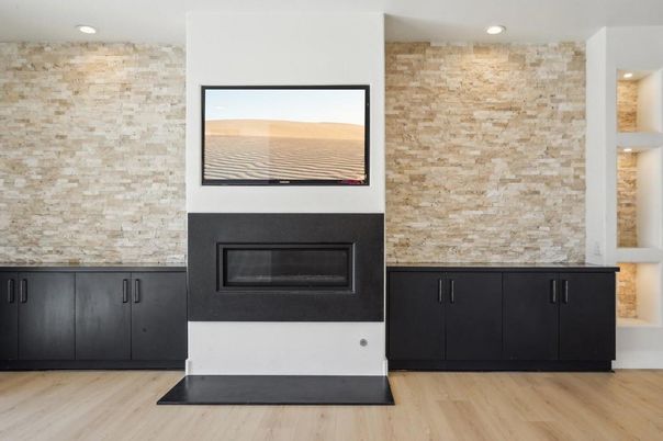 Fireplace, Interior, Recessed Lighting, Stone Walls, Wood Texture Flooring