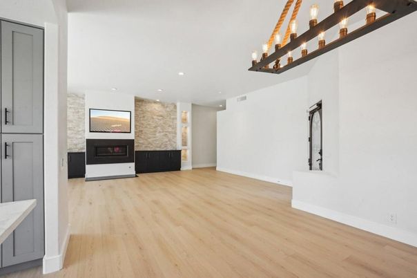 Fireplace, Interior, Recessed Lighting, Wood Texture Flooring