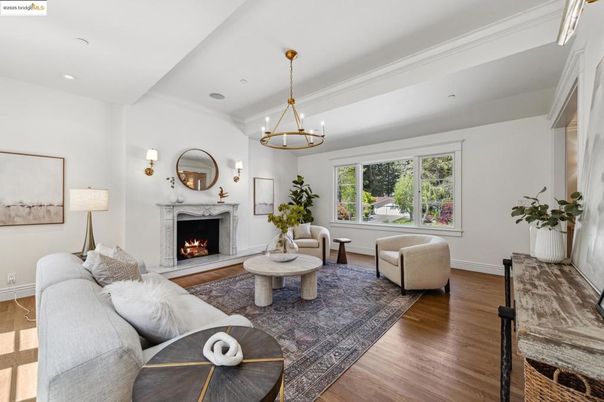 Chandelier, Fireplace, Interior, Living room, Recessed Lighting, Wood Texture Flooring