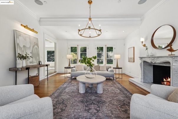 Chandelier, Fireplace, Interior, Living room, Recessed Lighting, Wood Texture Flooring