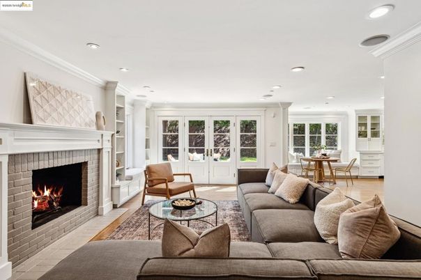 Dining room, Fireplace, Interior, Living room, Recessed Lighting, Wood Texture Flooring