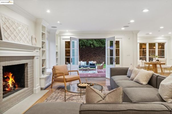 Dining room, Fireplace, Interior, Living room, Recessed Lighting, Wood Texture Flooring