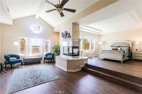 Bedroom, Fireplace, Interior, Wood Texture Flooring