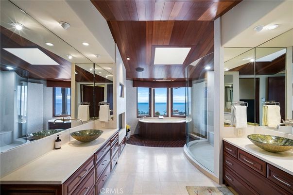 Bathroom, Dual Sink Vanities, Interior, Recessed Lighting, Water, Wooden Ceilings