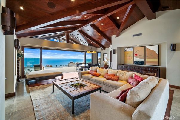 Dining room, Interior, Living room, Pendant Lights, Recessed Lighting, Water, Wooden Beams, Wooden Ceilings