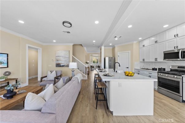 Interior, Kitchen, Living room, Recessed Lighting, Stainless Steel Appliances, Wood Texture Flooring
