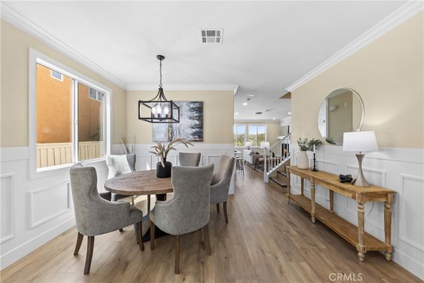 Dining room, Interior, Pendant Lights, Recessed Lighting, Wood Texture Flooring