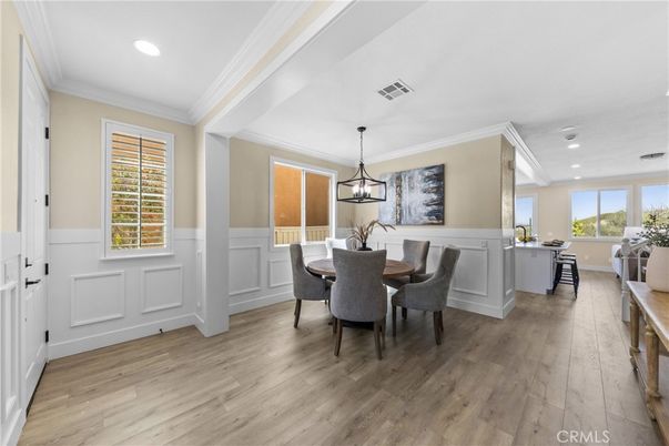 Dining room, Interior, Pendant Lights, Recessed Lighting, Wood Texture Flooring