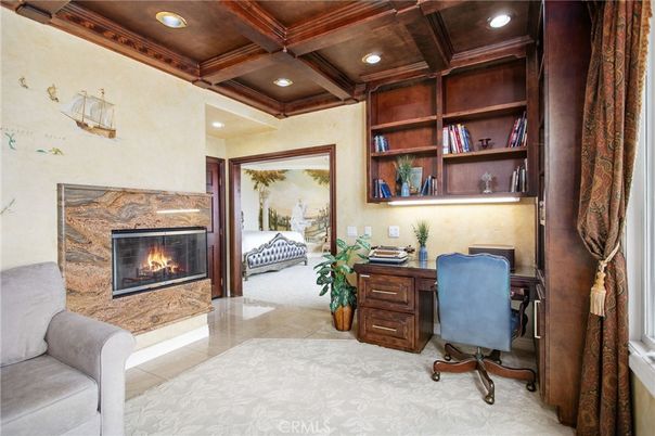 Fireplace, Home Office, Interior, Recessed Lighting, Wooden Beams