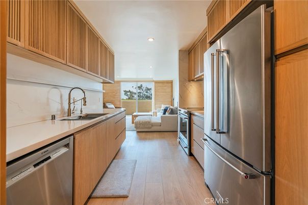 Interior, Kitchen, Living room, Recessed Lighting, Stainless Steel Appliances, Wood Texture Flooring