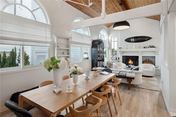 Dining room, Fireplace, Interior, Living room, Pendant Lights, Wooden Beams, Wooden Ceilings, Wood Texture Flooring