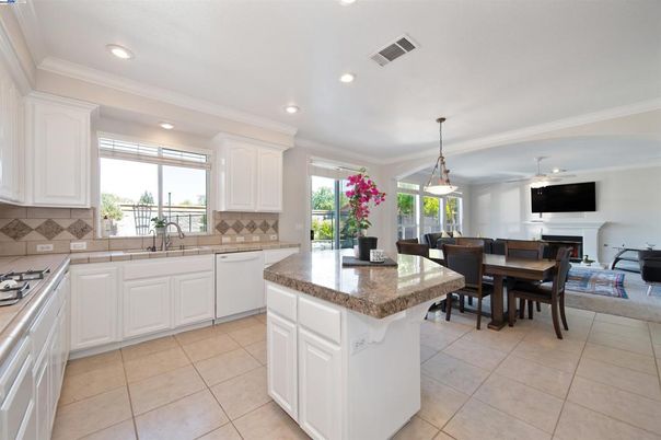 Dining room, Fireplace, Interior, Kitchen, Living room, Pendant Lights, Recessed Lighting