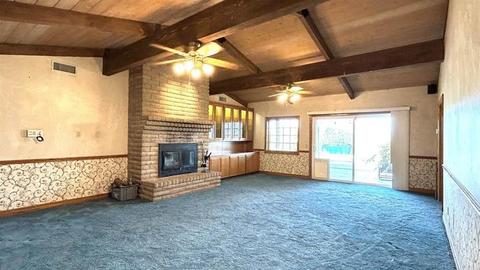 Empty room, Fireplace, Interior, Stone Walls, Wooden Beams, Wooden Ceilings