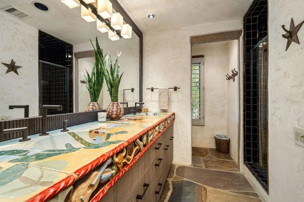 Bathroom, Dual Sink Vanities, Interior, Recessed Lighting, Tile Countertops