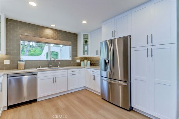 Interior, Kitchen, Recessed Lighting, Stainless Steel Appliances, Wood Texture Flooring