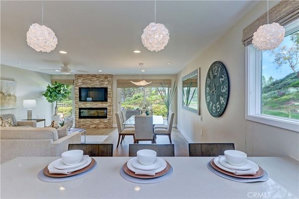 Dining room, Fireplace, Interior, Living room, Pendant Lights, Recessed Lighting, Stone Walls
