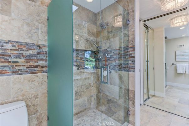 Bathroom, Glass Shower, Interior, Recessed Lighting, Stone Walls