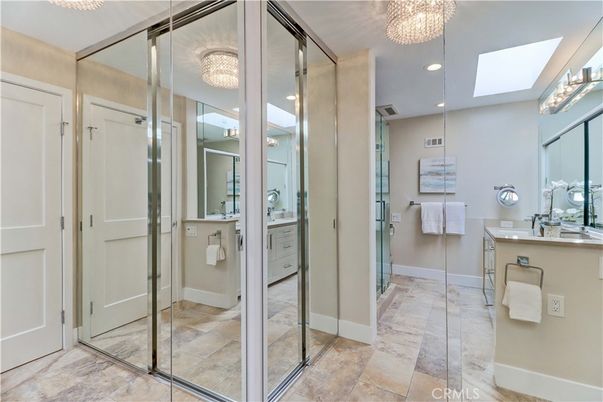 Bathroom, Chandelier, Glass Shower, Interior, Recessed Lighting