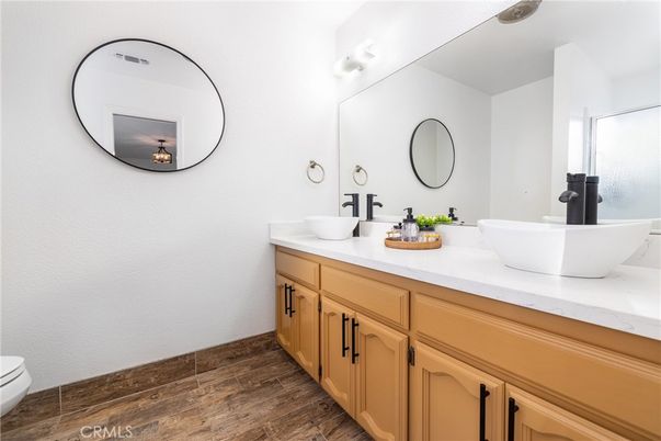 Bathroom, Dual Sink Vanities, Interior, Wood Texture Flooring
