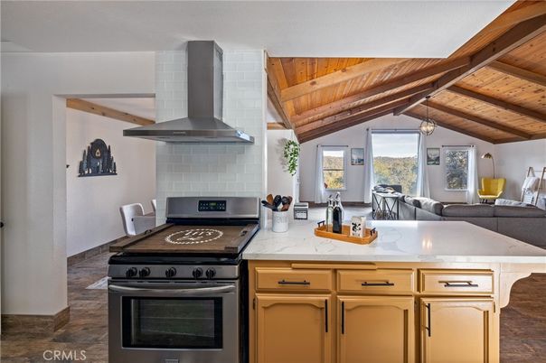 Interior, Kitchen, Living room, Pendant Lights, Stainless Steel Appliances, Wooden Beams, Wooden Ceilings