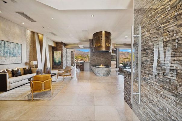 Fireplace, Interior, Living room, Recessed Lighting, Stone Walls