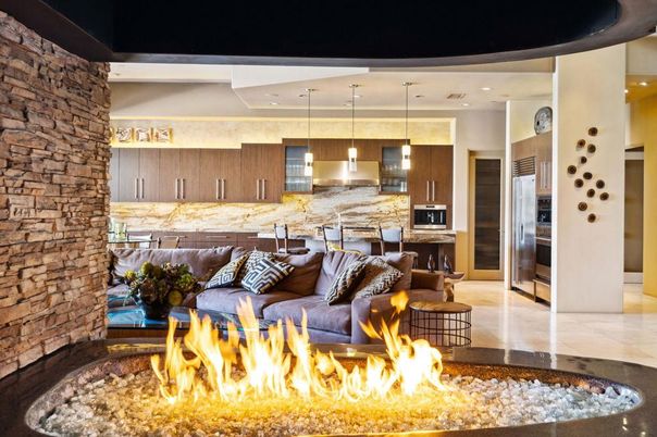 Interior, Kitchen, Living room, Pendant Lights, Recessed Lighting, Stainless Steel Appliances, Stone Walls