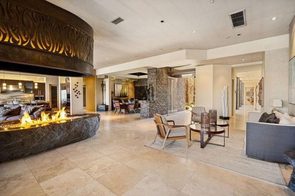 Dining room, Interior, Living room, Pendant Lights, Recessed Lighting, Stone Walls