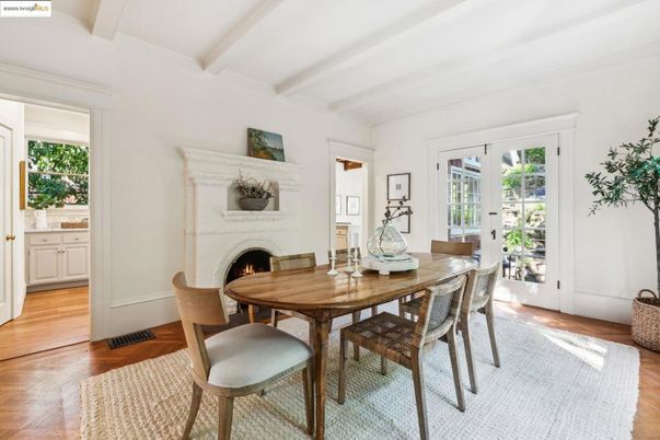 Dining room, Fireplace, Interior, Wood Texture Flooring