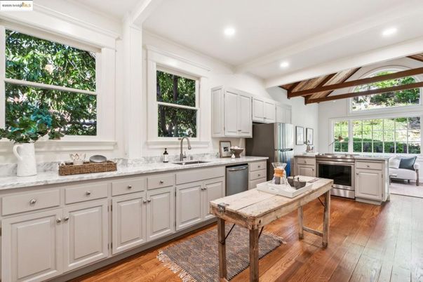 Interior, Kitchen, Recessed Lighting, Stainless Steel Appliances, Wooden Beams, Wooden Ceilings, Wood Texture Flooring