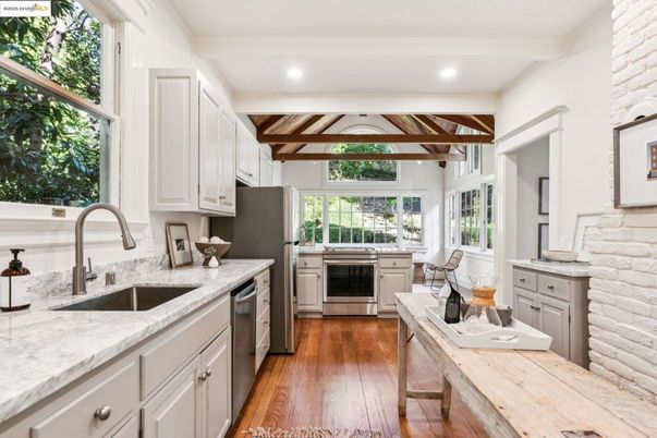 Interior, Kitchen, Recessed Lighting, Stainless Steel Appliances, Stone Walls, Wooden Beams, Wood Texture Flooring