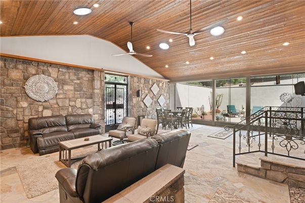 Dining room, Interior, Living room, Recessed Lighting, Stone Walls, Wooden Ceilings