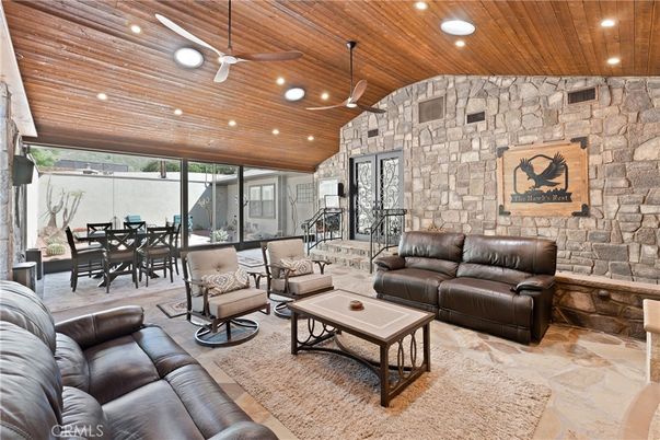 Dining room, Interior, Living room, Recessed Lighting, Stone Walls, Wooden Ceilings
