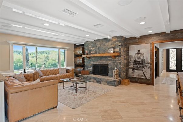 Fireplace, Interior, Living room, Recessed Lighting, Stone Walls, Wooden Walls