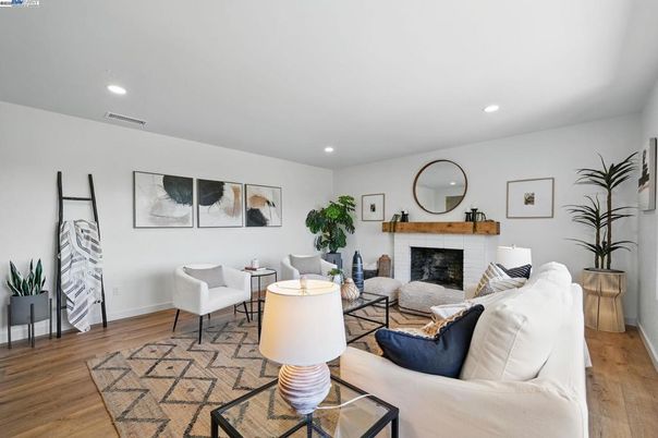 Fireplace, Interior, Living room, Recessed Lighting, Wood Texture Flooring