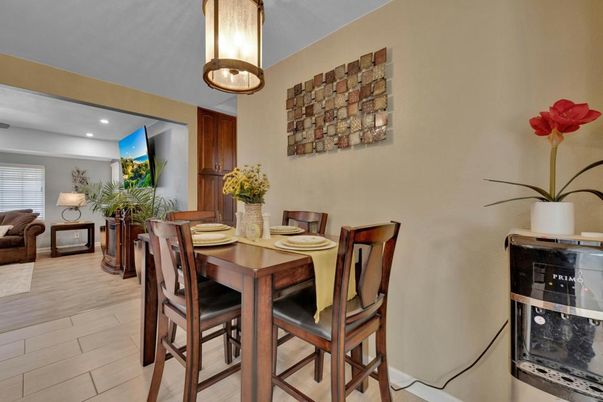 Dining room, Interior, Recessed Lighting, Wood Texture Flooring