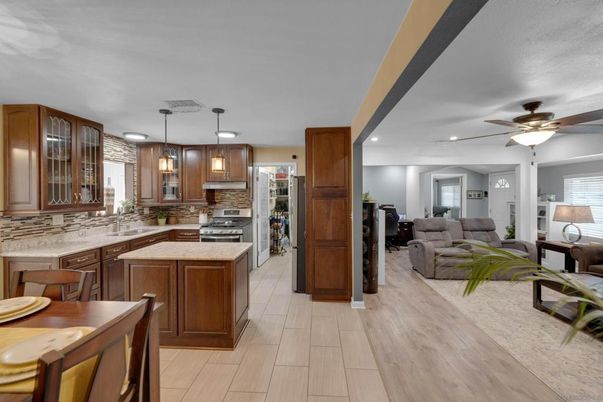 Interior, Kitchen, Living room, Pendant Lights, Recessed Lighting, Stainless Steel Appliances, Wood Texture Flooring