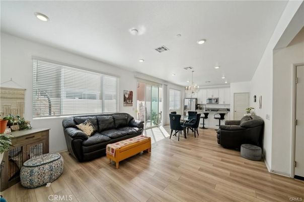Chandelier, Dining room, Interior, Kitchen, Living room, Recessed Lighting, Wood Texture Flooring