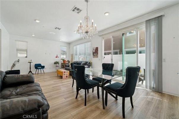 Chandelier, Dining room, Interior, Recessed Lighting, Wood Texture Flooring